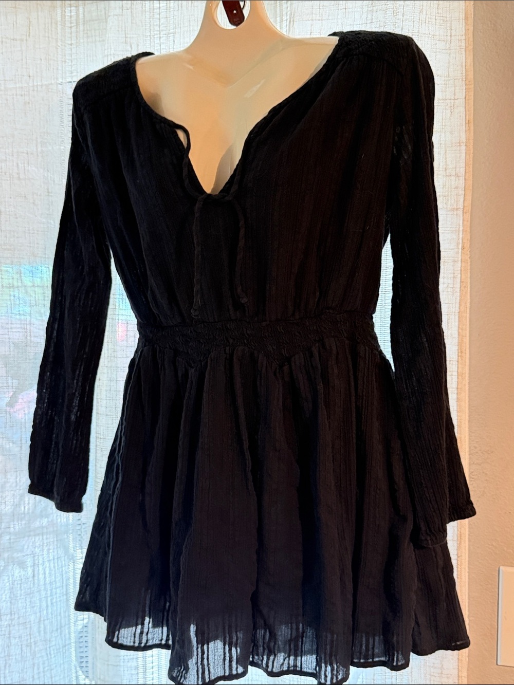 Volcom Black Long-Sleeve Tie-Front Smocked-Waist Dress